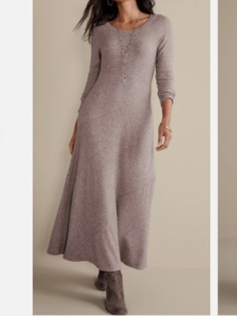 NEW Soft Surroundings Medium Brown Ribbed Long Sleeve Clio Maxi Dress Minimalist